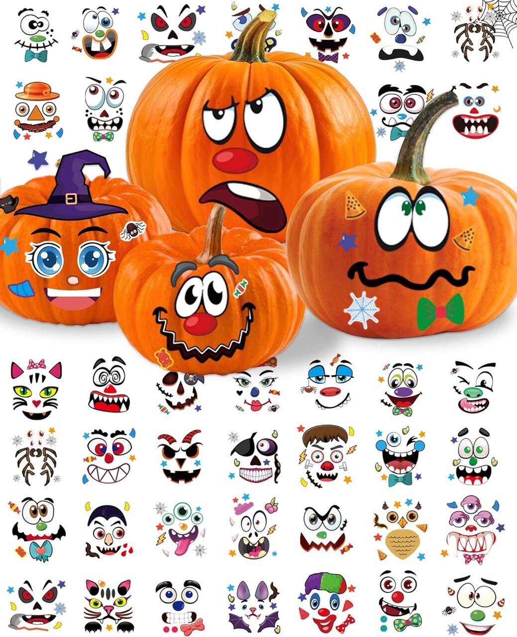 Pumpkin Decorating Stickers Kit – 48 Fun Halloween Faces, Large Stickers for Crafts, Party Favors, and Treats